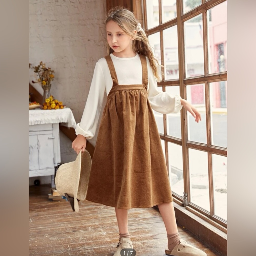 Lantern sleeve top & corduroy overall dress, SHEIN girls